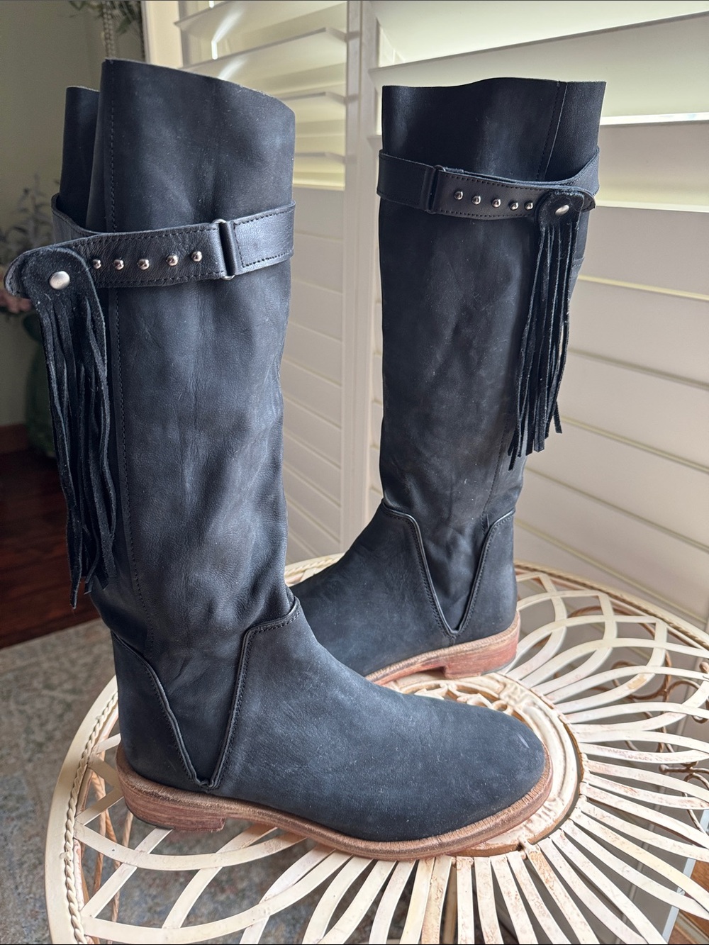 Free People Black Fringe Tall Leather Boots - Women's Riding Style
